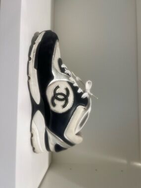 CHANEL Black and White Girls Lace-Up Sneakers with CC Logo